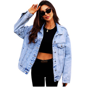 Women Denim Jacket Woven Breathable Simple Solid Button Medium <b>Wash</b> ODM unisex denim jackets - Product Image 5