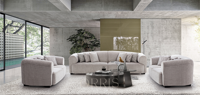 Ensemble de canapés modernes de luxe, durables, confortables, rembourrés, couleur personnalisable, avec coussins et pieds en métal, pour appartements, villas et salons.