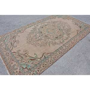 Tapis Turc Vintage Traditionnel Beige Bleu 5.3 X 9.7ft Fait Main Laine Patchwork Design Abstrait Rectangle Motif Peluche Latex - Product Image 2