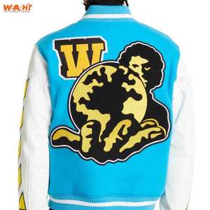 Venta al por mayor Hombres/mujeres chaqueta Varsity por encargo chaquetas Varsity de cuero real con el cuerpo de lana azul cielo chaqueta Varsity - Product Image 3