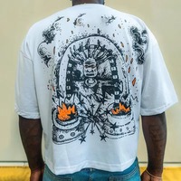 T-shirt Homme Blanc Oversize Col V Manches Courtes en Polyester Tricoté de Haute Qualité avec Logo Imprimé en Sérigraphie Anti-rétrécissement 220g
