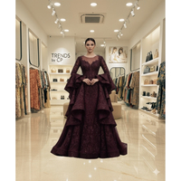 Robe de soirée violette modeste en gros, style robe de bal, avec bretelles spaghetti, perles et sequins complexes, tissu de qualité supérieure, longueur ras du sol