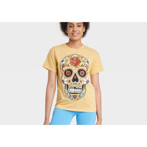 T-shirt da donna XL gialla a maniche corte con stampa Dia De Muertos Sugar Skull, 100% cotone jersey traspirante, taglie XS XXS 4XL - Product Image 2