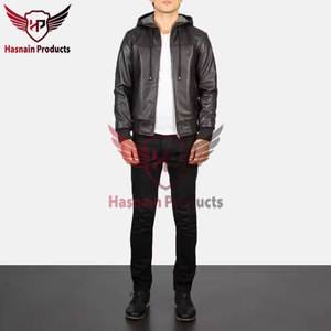 Chaqueta de cuero bombardero genuino de cordero negro de moda de calidad superior para hombre con capucha desmontable Chaqueta de cuero bombardero elegante para hombre - Product Image 2