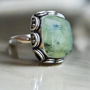 Anillo de Plata de Ley 925 de Diseño para Mujer, Hecho a Mano, con Prehnita Facetada, Engaste de Bisel con Piedra Preciosa Natural, Estilo Bohemio, ISO - Product Image 1