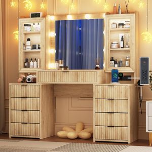Tocador de maquillaje de roble acanalado de 55 \ ", espejo grande, tapa de cristal moderna, 9 cajones, estantes de almacenamiento abiertos, estación de carga, <span class=keywords><strong>vestidor</strong></span> grande - Product Image 3