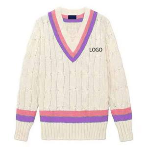 Suéter de Punto Trenzado con Cuello en V Unisex Personalizado OEM, Azul y Rosa, Lana/Acrílico, con Logotipo Frontal Personalizado, Ropa Casual de Invierno - Product Image 6