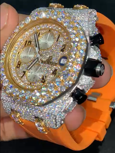 Montre à trois chronographes et bracelet en caoutchouc orange avec bracelet en silicone, cadran rond en acier inoxydable, diamant moissanite blanc - Product Image 4