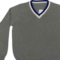 OEM/ODM Damen-Strickjacke in Grau mit V-Ausschnitt, blauem und weißem Besatz, langen Ärmeln und klassischem Preppy-Stil.