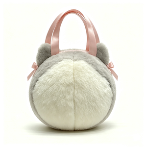 Bolso de hombro de peluche suave personalizado con asa de satén rosa, bolso infantil con temática animal de husky, bolso de mano de peluche de husky. - Product Image 3