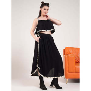 Deebaco Women's Solid Black 2 Piece Co-Ord <b>Set</b> Casual Spring Summer Loose Fit Sleeveless Top With Ruffles Full Length Skirt - Product Image 5