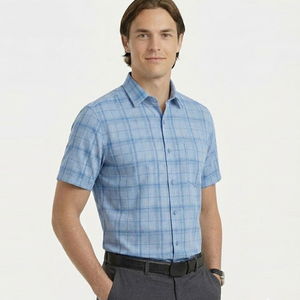 Customized Men's Striped <b>Bamboo</b> <b>Yarn</b> Dyed Dress Shirt Regular Fit Short Sleeve Eco-Friendly Formal Style - Product Image 1