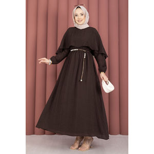 Robe d'été marron à col cape, taille empire élastiquée, volants floraux, respirante, durable, modeste, pour soirée, club, jour de fête, livraison gratuite - Product Image 4