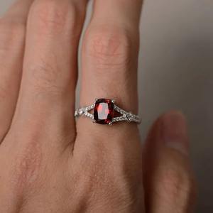 Vintage Garnet <b>Ring</b> Cushion Cut Natural Gemstone Silver <b>Split</b> Band Engagement January Birthstone Third Party Certified Prong Set - Product Image 4