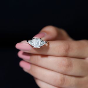 Statement Emerald Cut Engagement Ring with <b>Side</b> Stones 925 Sterling Silver - Product Image 3