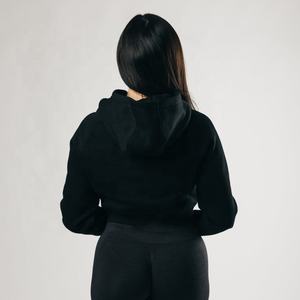 Top corto de gimnasio con cremallera de franela personalizable para mujer, Sudadera con capucha de gran tamaño con dobladillo crudo, corte en V, ropa de Yoga para Fitness, venta al por mayor para invierno - Product Image 5