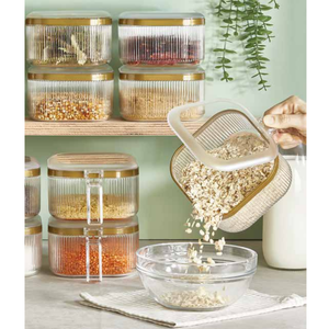 Premium Airtight Ribbed PP Material Foldable Square Multifunction Food Storage Containers Gold Lid Stackable Kitchen Pantry <b>Jars</b> - Product Image 1