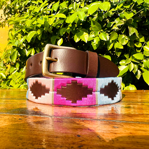เข็มขัดโปโลหนังควายสีกุหลาบชมพู & ฟ้าหัวเข็มขัดทองเหลืองแข็งกว้าง35มม. สำหรับการขี่ม้า - Product Image 1