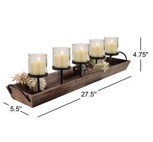 Candelabro de 5 pilares con copas de cristal y bandeja de madera rústica - Product Image 5