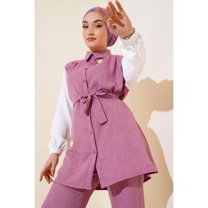 Dusty Rose Taille Ceinturé Garni Ensemble 2 Pièces pour Femmes - Product Image 4