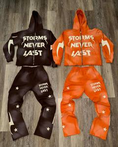Ensemble de survêtement vintage délavé à l'acide pour hommes, broderie délavée au soleil, patch, sweat à capuche zippé, pantalon de survêtement, 100% coton, streetwear surdimensionné personnalisé - Product Image 1