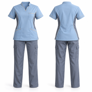 Ensemble de blouses médicales personnalisées pour femmes, bleu clair, haut à col en V, pantalon cargo gris, uniforme d'hôpital, tissu tissé polyester-coton, détection par aiguille - Product Image 1