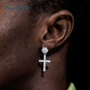 Venta caliente 925 Plata de Ley Iced Flower Cluster Cross Hoop Pendientes Lab Grown Diamond Hombres Hip Hop Style Gift - Product Image 1