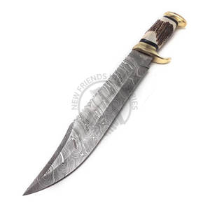 Couteau de chasse professionnel en acier Damas de 18 pouces, couteau Bowie artisanal de collection avec manche en bois de cerf et étui en cuir et laiton - Product Image 1