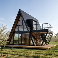Cabane préfabriquée en forme de A, maisonnette moderne avec salle de bain, cuisine et fenêtre panoramique
