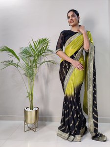 Partie deux tons Georgette avec partout Sari feuille impression et attaché tissage bordure dentelle fantaisie Sari en vente en ligne - Product Image 4