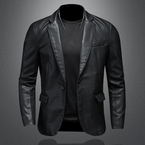 Men's New Slim Fit Moto Biker Leather Jacket Turn Collar PU Casual Motorcycle Coats in Black Outerwear Canvas Fabric - Product Image 1