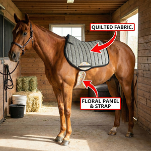 แผ่นรองอานม้าแบบเย็บลายสีเทา พร้อมแผ่นตกแต่งลายดอกไม้ อุปกรณ์เสริมสำหรับการฝึกกระโดดที่มีสไตล์ พร้อมซับในตาข่าย ไส้ใยฝ้ายและโฟม รูปทรงโค้งมน - Product Image 3