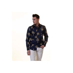 Chemise décontractée en coton bleu marine à imprimé rose doré à coupe ample - Product Image 3