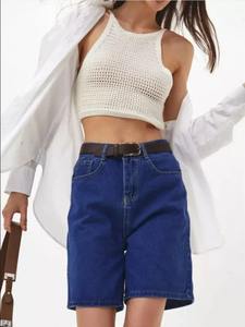 2025 Retro verde de cintura alta Slim A-Line pantalones cortos de mezclilla para mujer pantalones vaqueros de moda con borde enrollado verano - Product Image 4