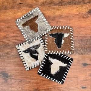 Top vente à la main Longhorn peau de vache sous-verres ensemble Western cheveux sur cacher en cuir véritable sous-verre pour boissons Western décor à la maison cadeaux - Product Image 4