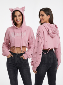 Sudadera con Capucha Corta Personalizada con Logotipo 2026, Estilo Urbano Desgastado, Sudadera con Capucha EAR de Moda, Sudadera con Capucha Gruesa de Algodón Pesado - Product Image 2