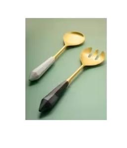 Ensemble de couverts en métal au look étonnant, finition argentée brillante, service à salade avec poignée en or au design antique, ensemble de 8 pièces - Product Image 3