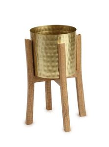 Venta al por mayor hecho a mano oro martillado flor cubo maceta con soporte de madera para el hogar y el jardín - Product Image 6
