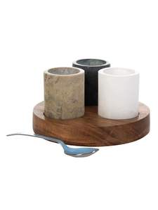 Cuencos de azúcar y sal de cocina de artículos de hoteles de forma redonda de mármol sólido de la mejor calidad con bandeja de madera último diseño hecho a mano - Product Image 2