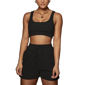2025 confortable coton Joggers entraînement femmes de haute qualité Logo personnalisé haut court et pantalon court ensemble motif solide - Product Image 5