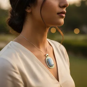 Pendentif ovale en argent sterling 925 avec agate bleue et diamant naturel, bijoux en pierres précieuses avec breloques en pierre - Product Image 2