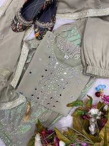 Diseñador verde oliva Georgette Sharara Suit Heavy Sequence Work Ropa étnica para fiestas, bodas y ocasiones festivas - Product Image 4