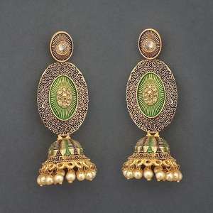 Kriaa <b>Fine</b> <b>Cuff</b> <b>Earrings</b> Gold Plated Meenakari Stone and Green Matte Dangler Model 1312043E - Product Image 1
