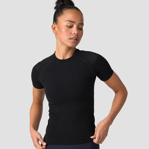 Camisetas negras de ajuste atlético con logotipo personalizado de alta exigencia para mujer, camisetas transpirables ligeras para gimnasio y ropa deportiva para mujer - Product Image 1