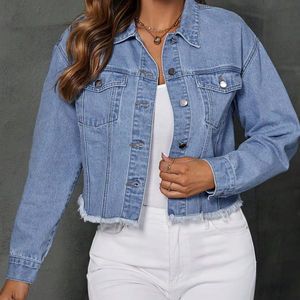 Veste en jean bleu clair à manches longues pour femmes couleur unie fermeture à boutons en métal Simple mode décontractée pour les jeunes - Product Image 5