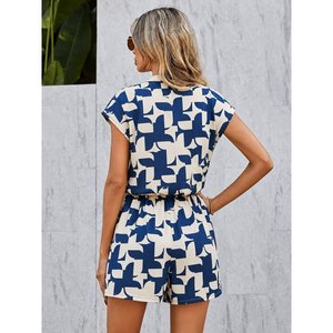 Combinaison courte en modal à manches courtes, col en V, boutonnée et à motifs pour femmes, 35929 - Bleu Saks - Product Image 3
