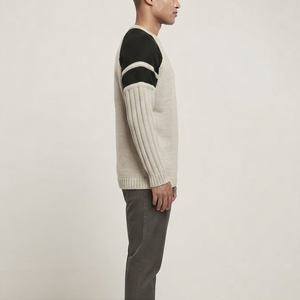 Pull tricoté pour homme OEM, collection automne, en promotion, pull en maille torsadée, design patchwork, en laine, style vintage, beige et noir, disponible à la vente - Product Image 6