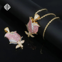 Pendentif Fleur Rose Moissanite Hiphop Personnalisé pour Femme et Homme, Plaqué Or 18 carats, Argent 925, Bijou Statement Rose Bling