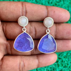 Handmade Natural Tanzanite & Moonstone <b>Dangle</b> <b>Earrings</b> 925 Sterling <b>Silver</b> Designer Jewelry for Women - Product Image 1
