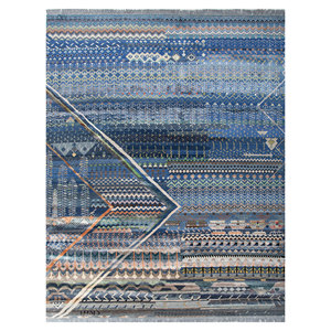 Tapis en laine et soie de bambou noué à la main à motif géométrique bleu Freedom Manchaha pour la décoration de la maison et du salon - Les-8328 - Product Image 1